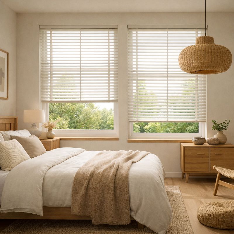 Japandi slaapkamer met witte houten jaloezieën op maat, licht eiken meubels en een rotan hanglamp