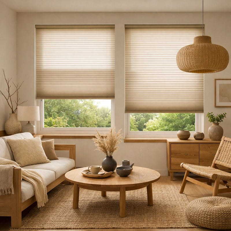 Japandi woonkamer met beige plisségordijnen op maat, houten meubels en natuurlijke materialen