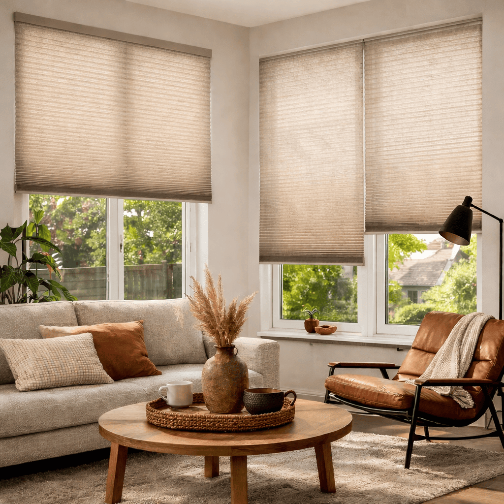 Woonkamer met beige plisségordijnen op maat van Dubblem in Enschede, natuurlijk licht en comfortabele sfeer