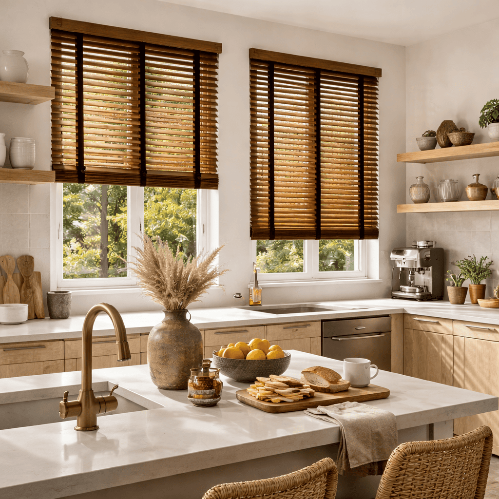 Moderne keuken met walnootkleurige houten jaloezieën van Dubblem uit Enschede, stijlvolle raamdecoratie op maat in Twente