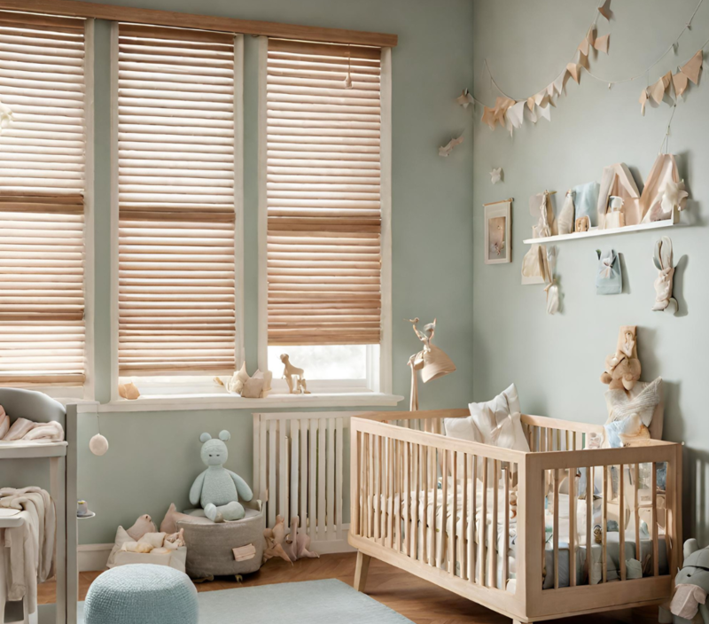 Jaloezieën als raamdecoratie in een babykamer